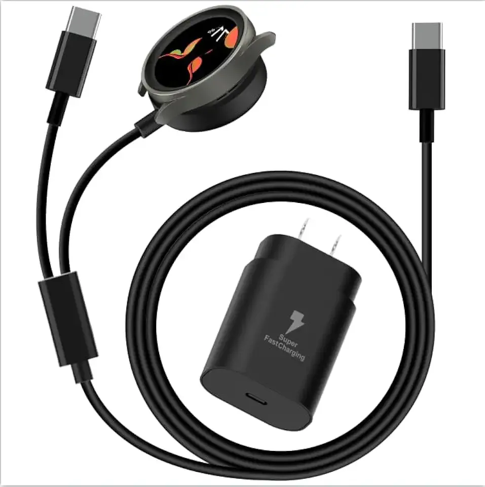 Galaxy Watch Charger Compatible Galaxy Watch 8/7/6/6 Classic/5 Pro/5/4 Classic/3 Active2/1, 2-in-1 USB C Fast Charging Cable, 25W Super Fast Charger for Galaxy S25/24/23/iPhone 16/15(5FT)