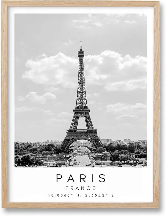 HesenDot Eiffel Tower Framed Wall Art, Black and White Paris City, 12x16 | Natural OAK Frame, Cityscape Landmark Canvas Print, Minimalist…