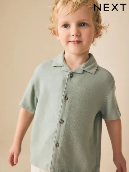 Sage Green Short Sleeves Linen Blend Revere Collar Shirt (3mths-7yrs)