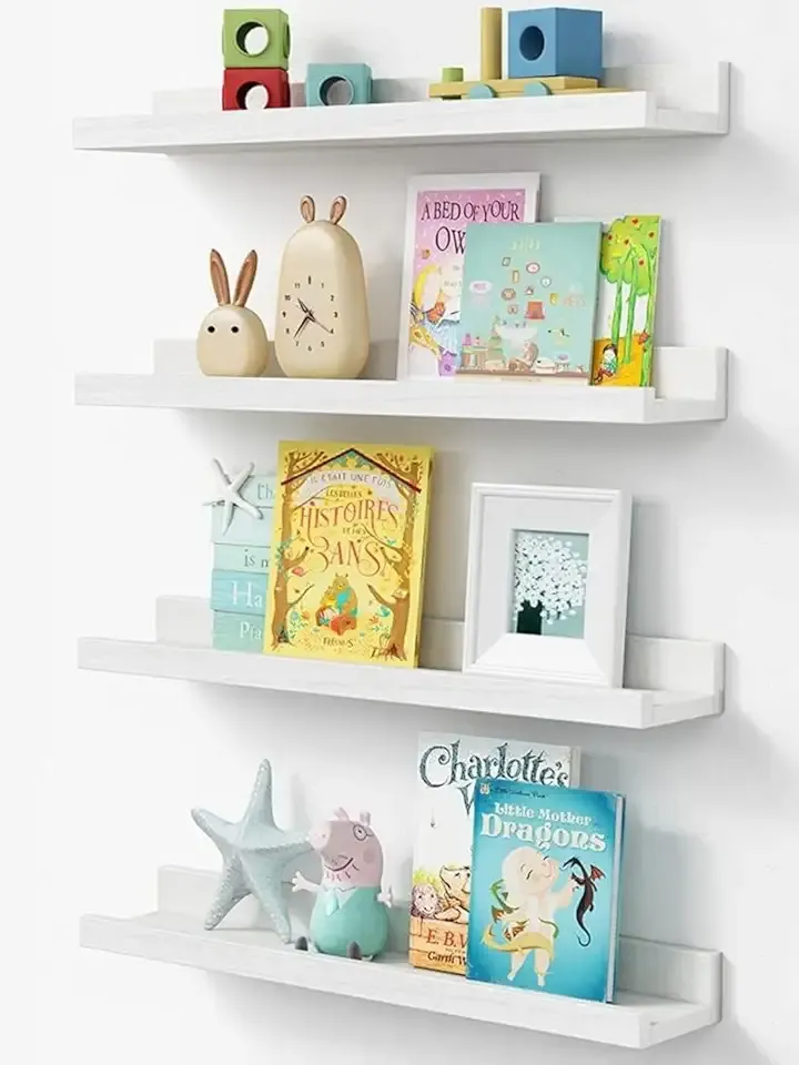 24 Inch Floating Nursery Book Shelves for Wall, White Kids Wall Bookshelf for Bedroom, Picture Ledge Shelf with Lip for Baby Bathroom, Living Room Office Art Books (Solid Wood, Set of 4)