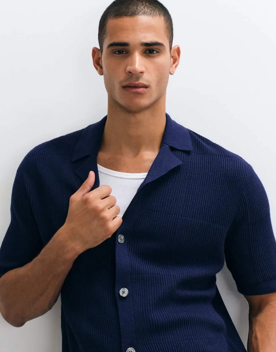 Selected light knit button cardigan in dark blue