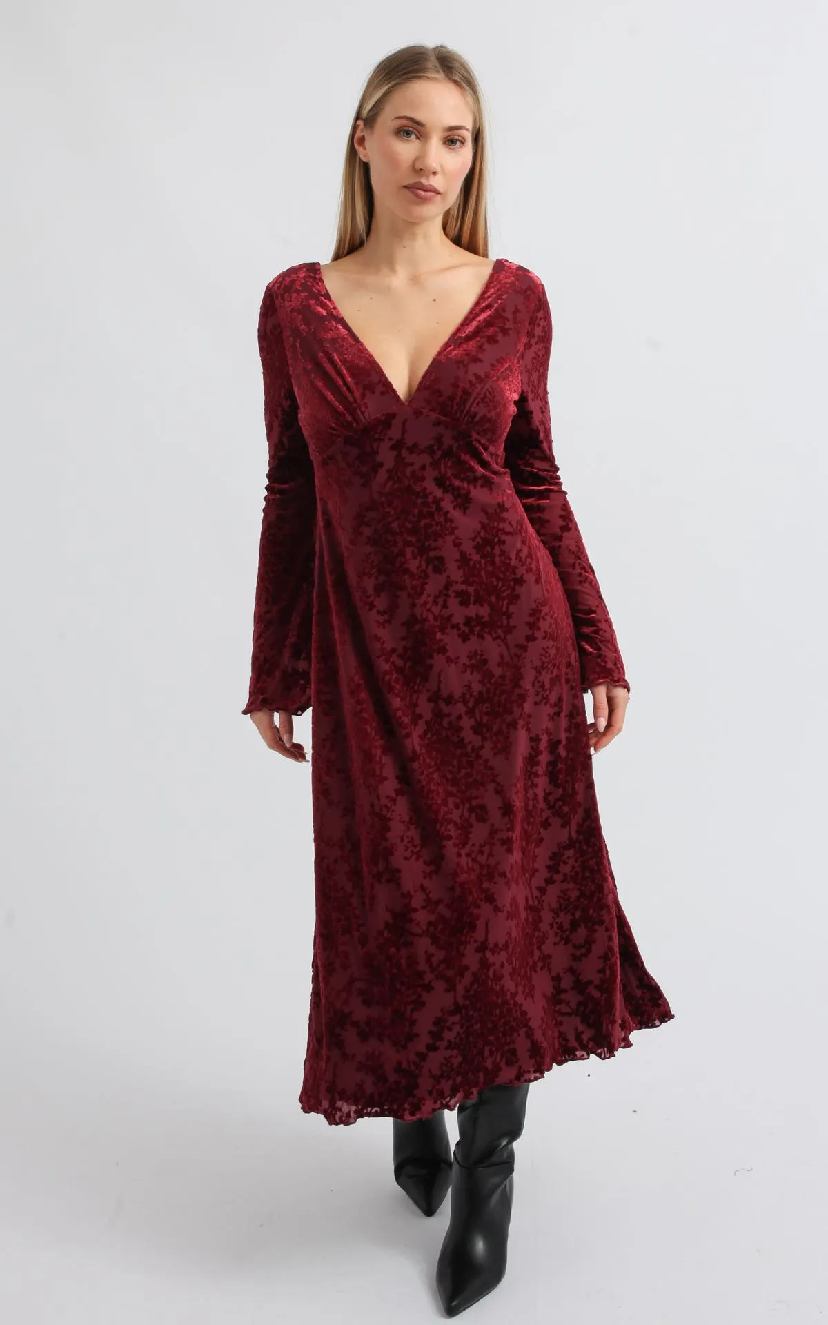 Burnout Mesh V Neck LS Midi Dress