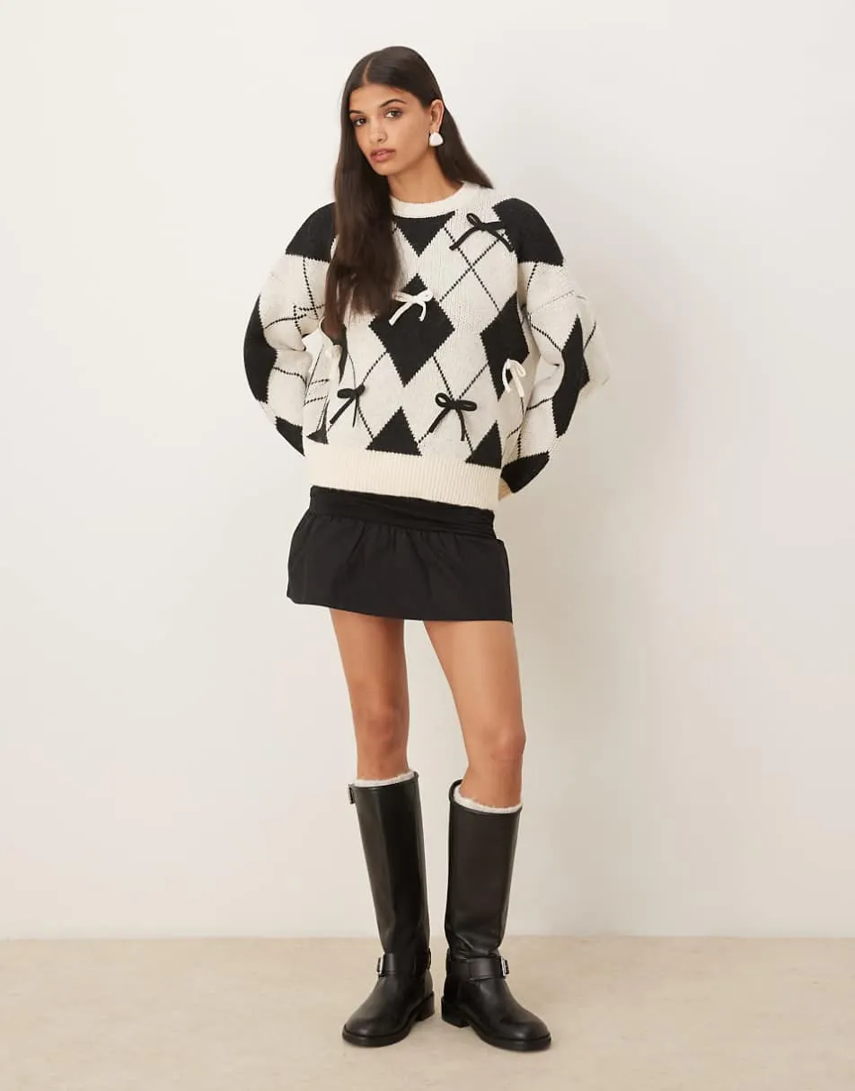 ASOS DESIGN bow placement argyle jumper in black