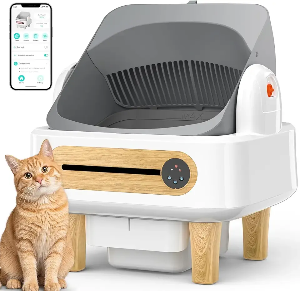 RPZ Automatic Cat Litter Box Self Cleaning, Robot Litter Box for Multiple Large Cats, Open Top Auto App Control Ultra-Quiet, Durable, Keep Home Freshness, Wood Grain