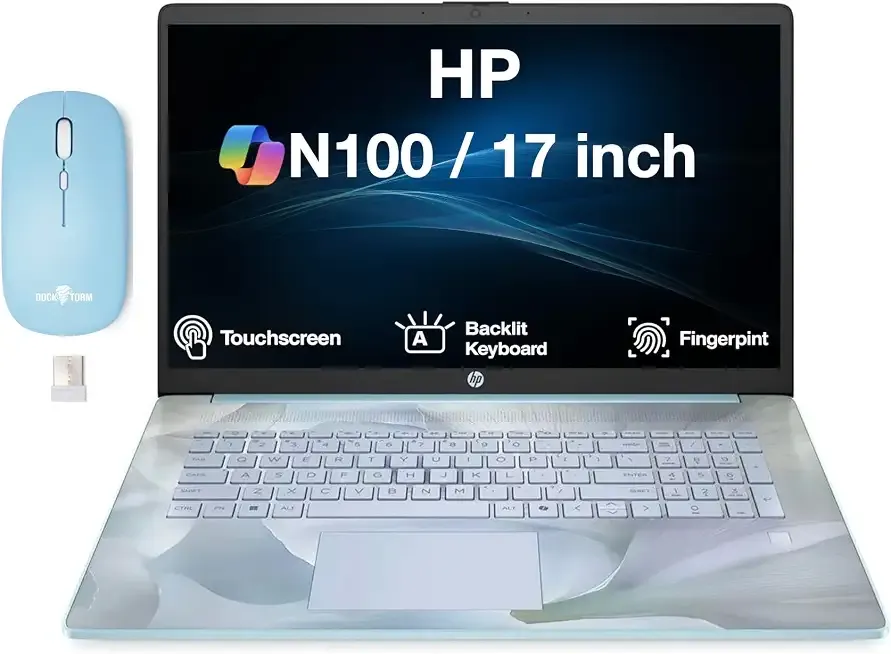 HP 17 Everyday Value Laptop 17.3" Touchscreen TN HD+ Display (Intel N100, 4GB DDR4, 128GB SSD, Intel UHD, Backlit KB, Fingerprint, WiFi 6, Win 11 Home S-Mode) w/Dockztorm Wireless Mouse (Renewed)