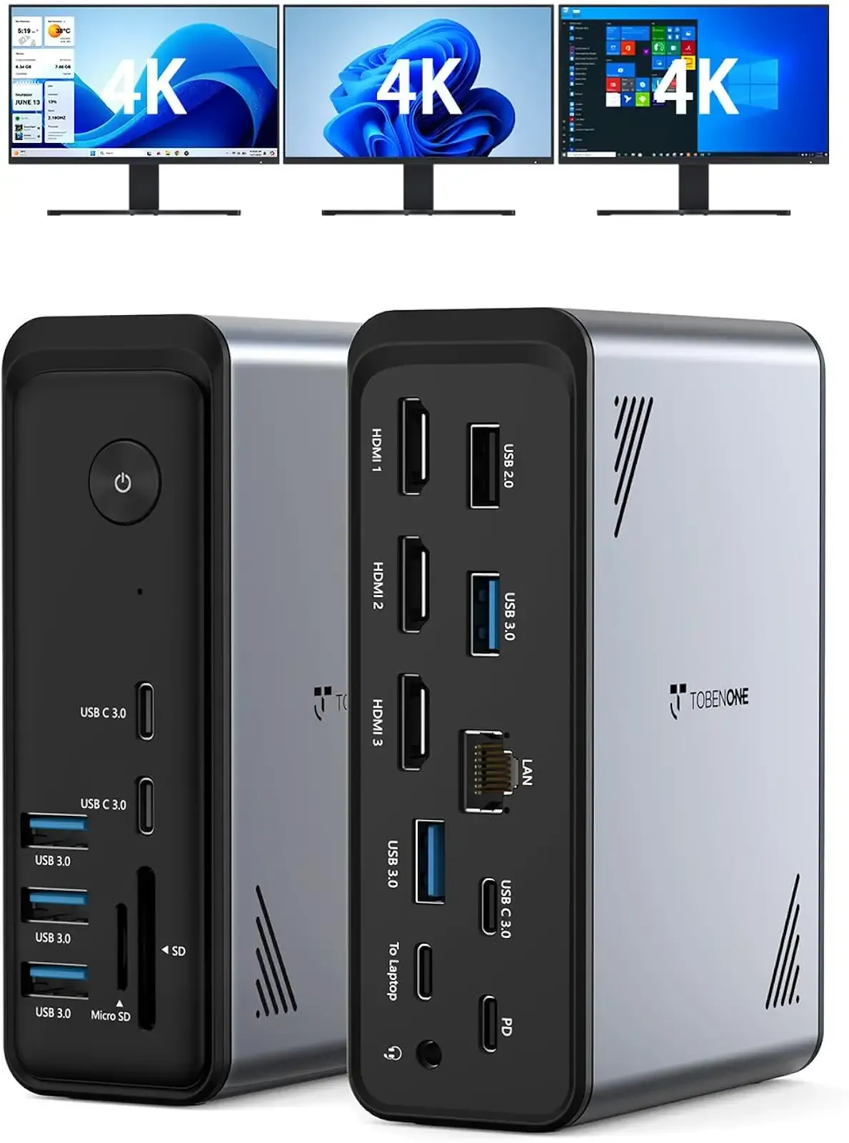 TobenONE 18 in 1 Laptop Docking Station 3 Monitors, Triple 4K Display with 3 HDMI, 9 USB Ports, Gigabit Ethernet, PD3.0, for Windows/Dell/Lenovo/HP/Thinkpad Laptops (No Power Adapter)