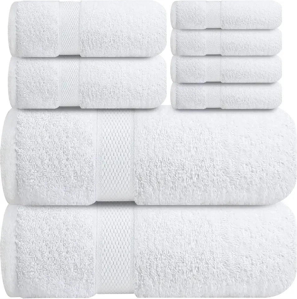 Infinitee Xclusives Luxury 100% Cotton Towel Set – 8 Piece Bathroom Towel Set (2 Bath Towels, 2 Hand Towels, 4 Washcloths) – Soft & Absorbent Towels for Bathroom (Brilliant White)