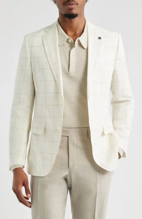 Hutson Slim Fit Windowpane Check Linen Blend Sport Coat
