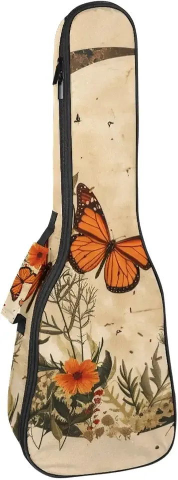 23 Inch Ukulele Case, Vintage Orange Butterfly Moon Flowers Waterproof Ukulele Gig Bag with Adjustable Straps for Concert