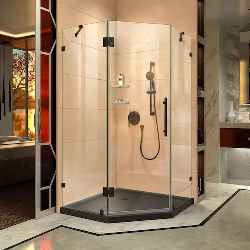 Prism Lux 38 in. D x 38 in. W x 74.75 in. H Neo-Angle Corner Shower Kit Enclosure with Black Base, Corner Drain & Clear Glass Pivot Door in Matte Black (No Shower Wall)