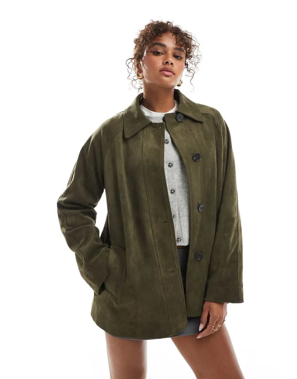 ASOS DESIGN faux suede car coat in olive