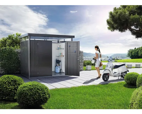 Plechový zahradní domek Biohort HighLine H2 dvoukřídlé dveře 254 x 174 cm tmavě šedý metalický