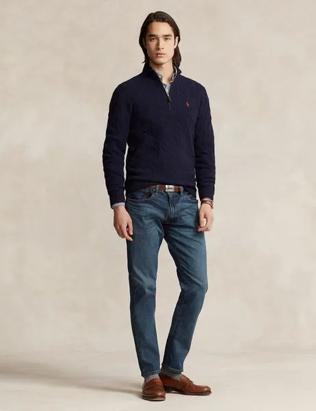 Cable-Knit Wool-Cashmere Quarter-Zip Jumper Hunter Navy
