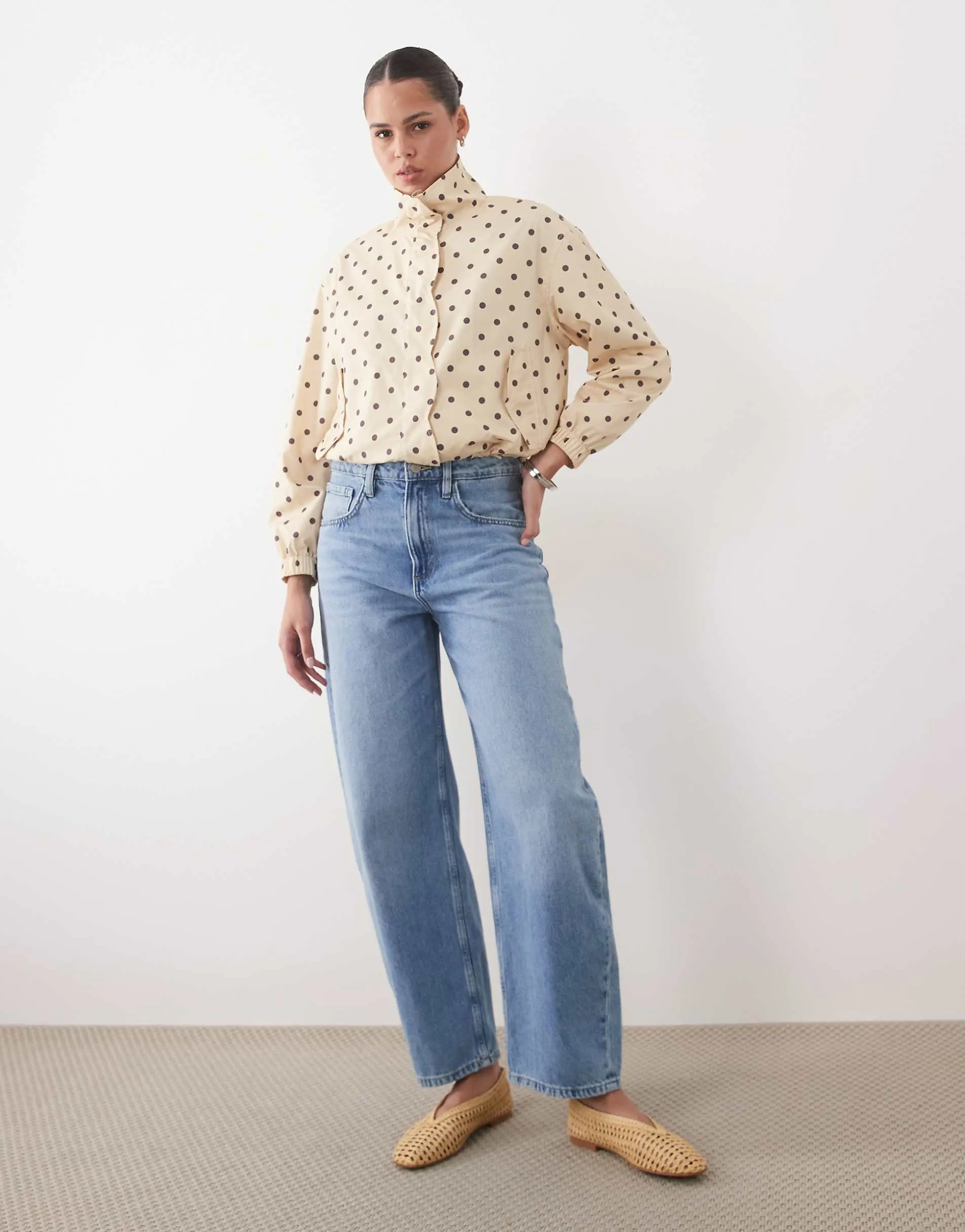 Miss Selfridge scallop detail windbreaker in choc polka dot