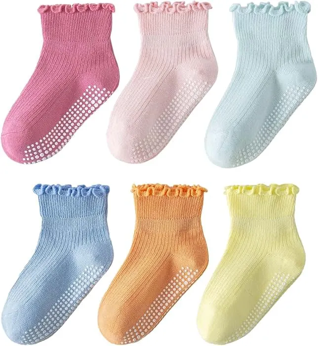 ANYANIME 6 Pairs Toddler Ruffle Socks for Girls Baby Grip Socks Non Slip Socks Cute Grippy Frilly