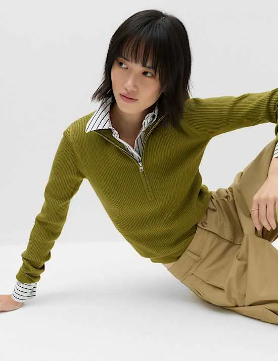 Ribbed Textured Half Zip Fitted Knitted Top
