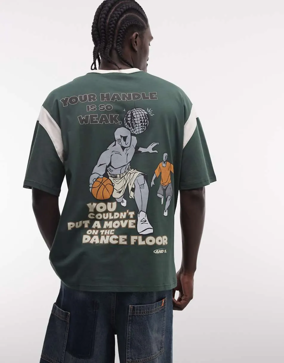 AND1 logo oversized t-shirt with basketball back print in dark green