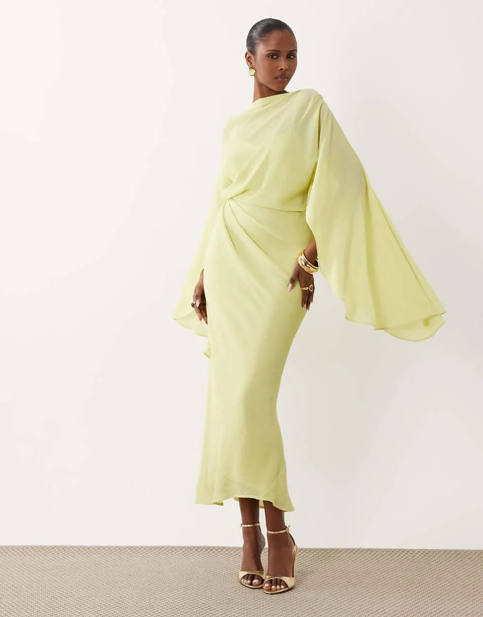 ASOS DESIGN kimono sleeve cape detail draped midaxi dress with open back in lime