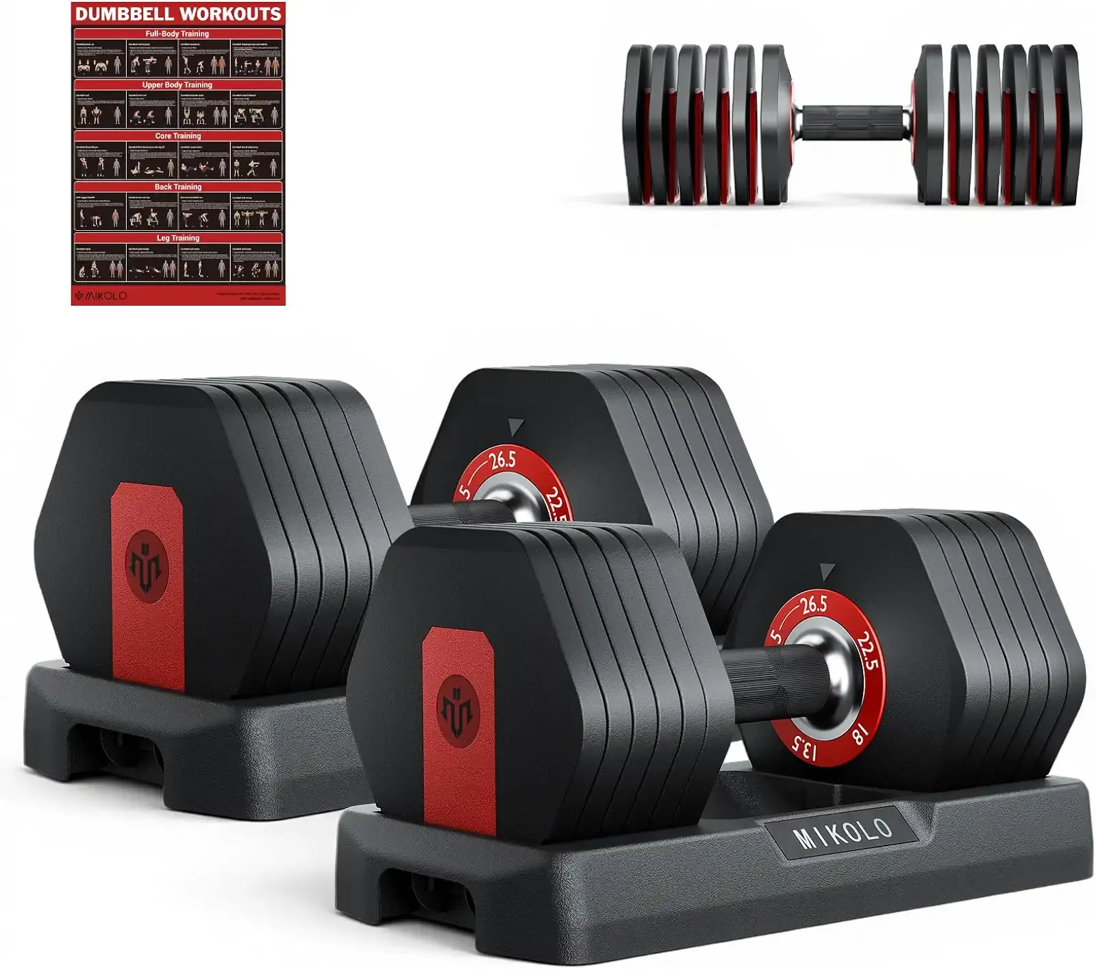 Mikolo Hex Cageless Adjustable Dumbbells Set of 2, 26.5LB Pair 6-in-1 Space-Saving Adjustable Dumbbell Set for Home Gym Strength Training