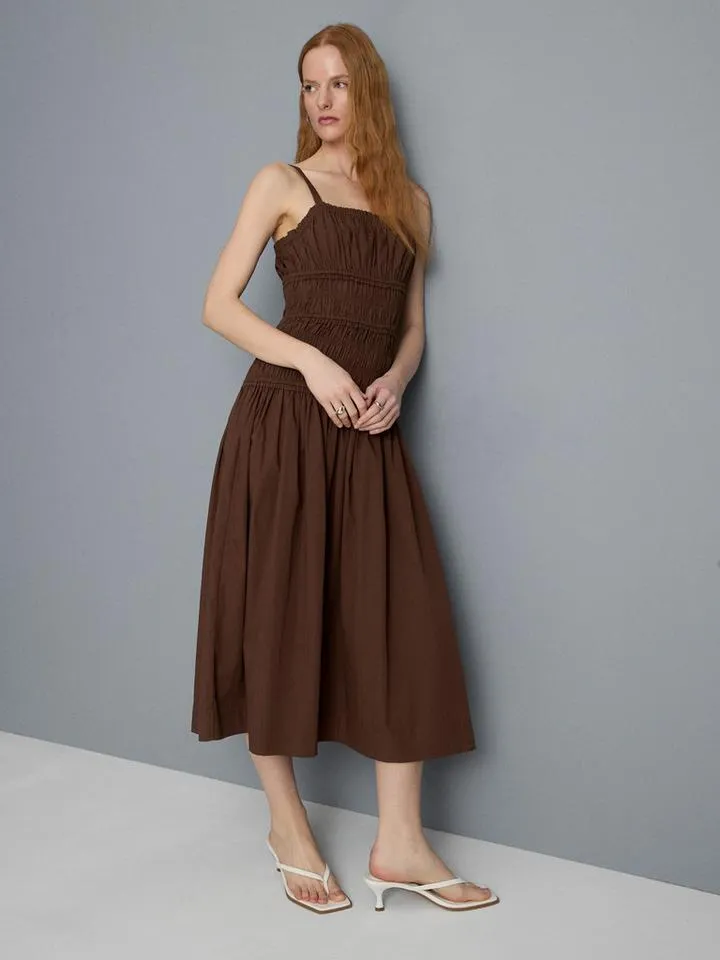 Robe mi-longue ruchée en coton à encolure carrée