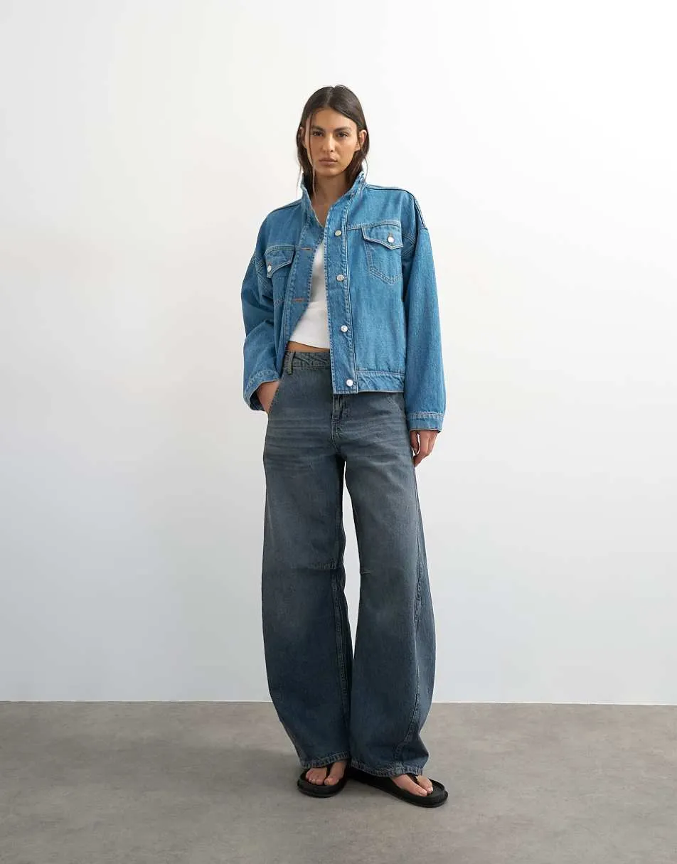 Topshop funnel neck elastic hem detail jacket mid blue