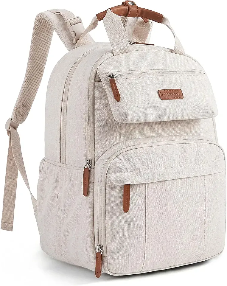 mommore Diaper Bag Backpack Travel Baby Bag with Changing Pad for Mom Dad | Insulated Pockets, Luggage & Stroller Straps, Large Maternity Bag for Newborn Baby Essentials, Hospital & Work, Beige