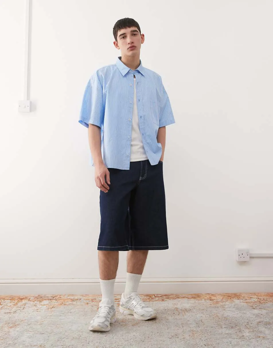 Reclaimed Vintage short sleeve crop boxy shirt in blue and white pinstripe