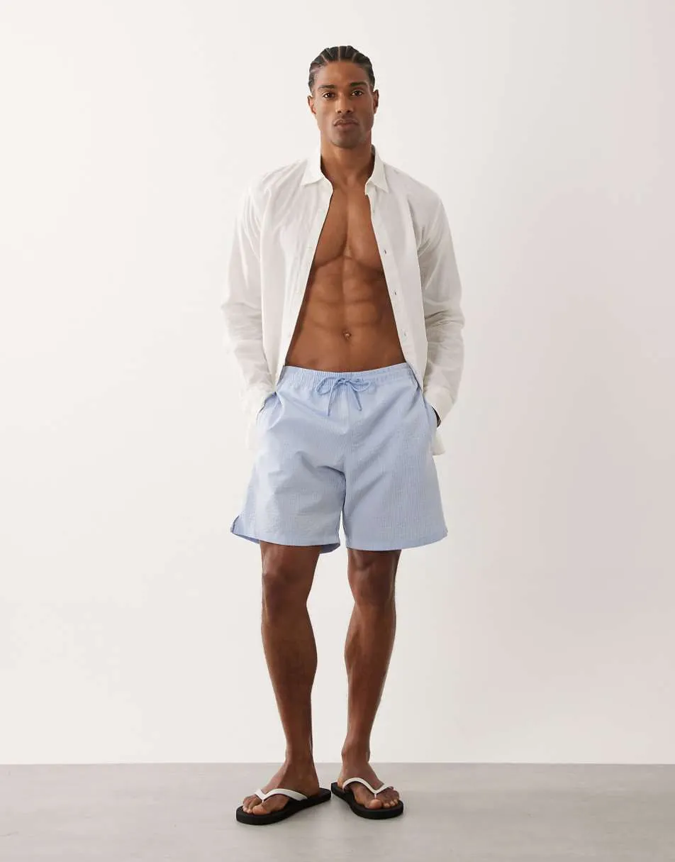 Mango seersucker boxer swim shorts in pastel blue