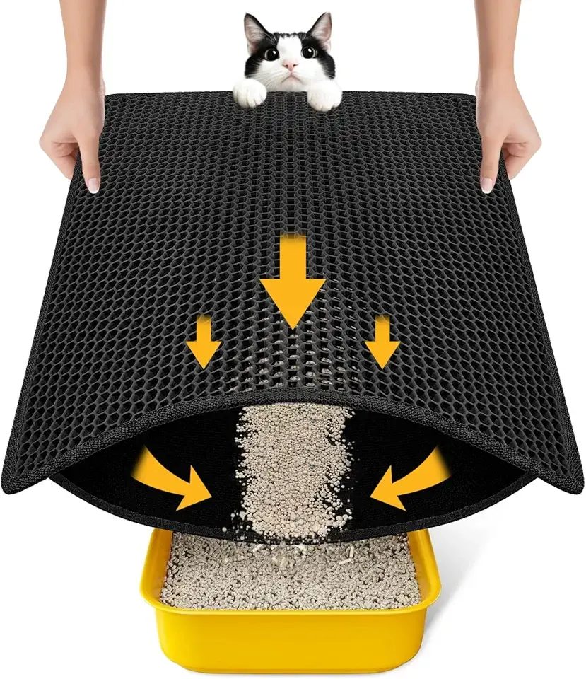 Cat Litter Mat Litter Box Mat, EVA Honeycomb Double Layer Design, Urine & Waterproof, Scatter Control Kitty Litter Mat, Less Waste, Easier To Clean,Washable, Black
