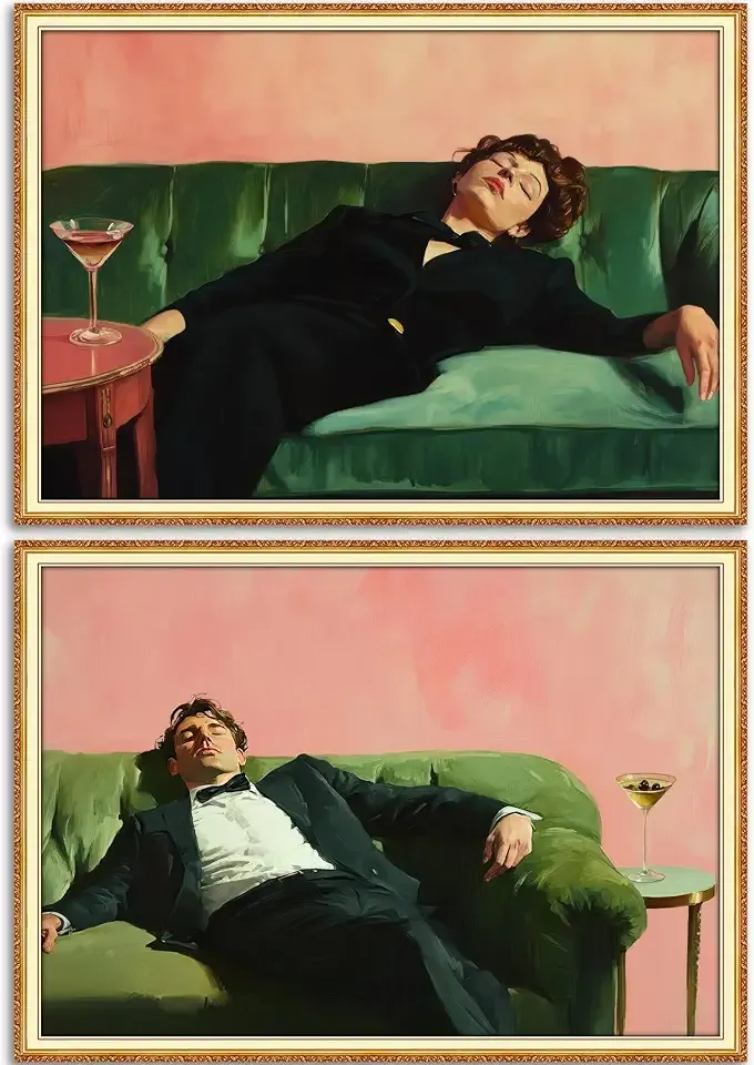 Vintage Woman Canvas Wall Art Funky Victorian Woman on Couch with Martini Picture Wall Decor Eclectic Cocktail Poster Trendy Bar Cart Decor Painting Print Artwork for Bar Kitchen Dining Room, Unframed