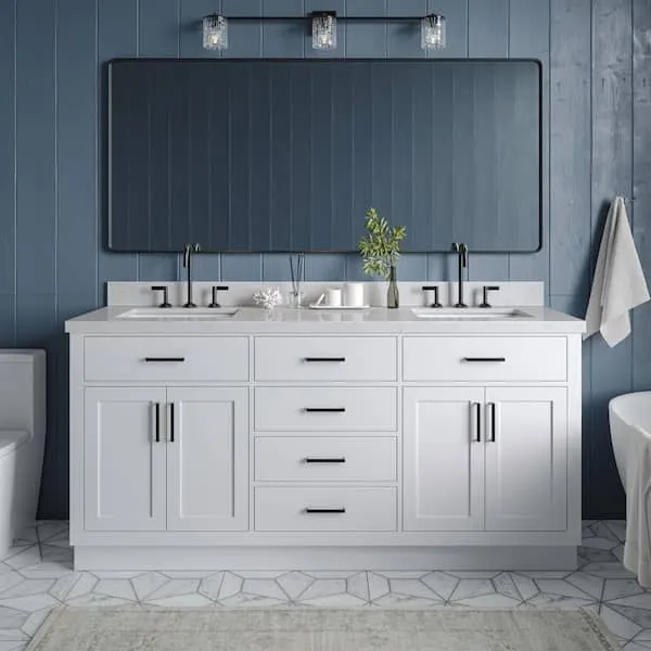 ARIEL Hepburn 72 in.​ Double Sink Freestanding Bathroom Vanity in White with Carrara White Quartz Top