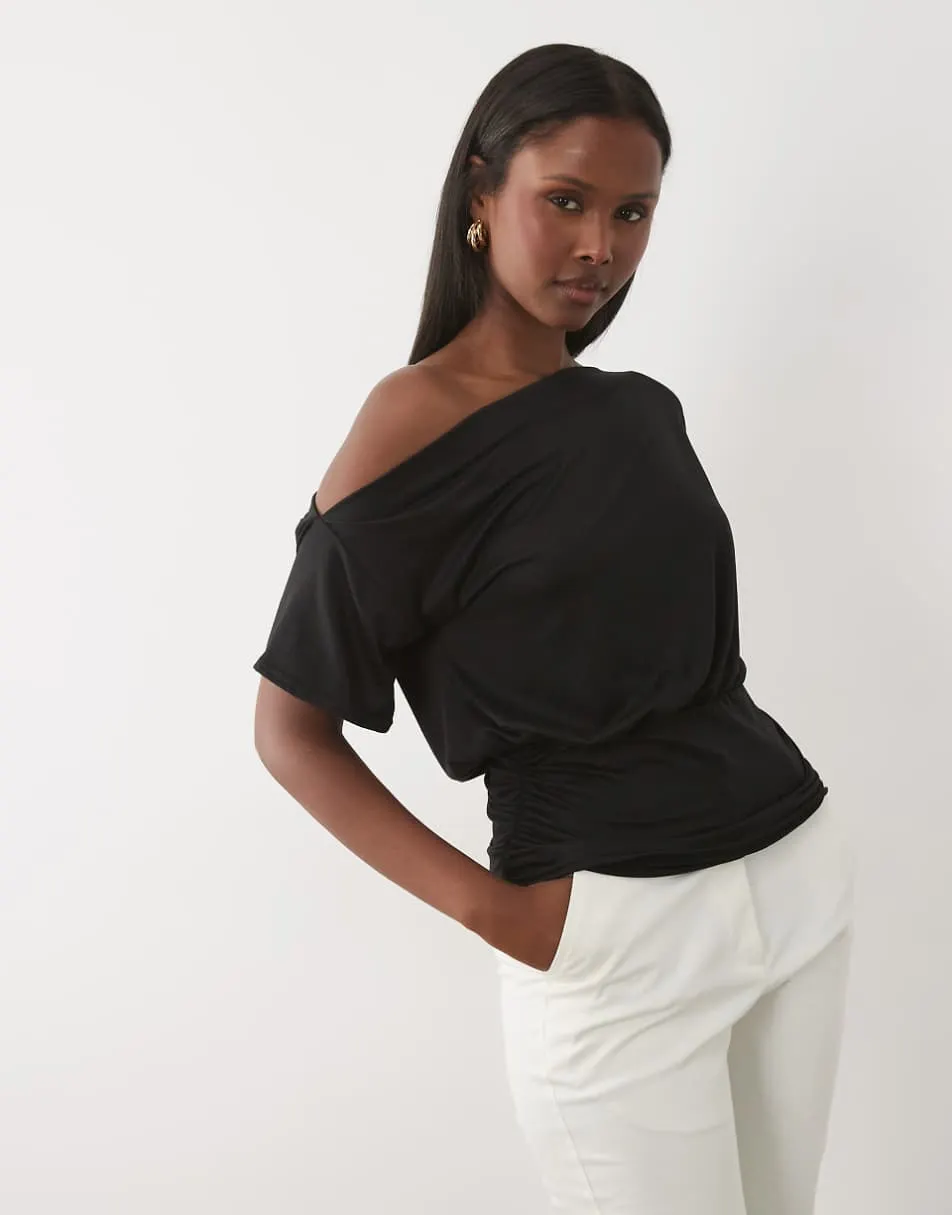 Missyempire soft touch off shoulder cinch fitted waist top in black