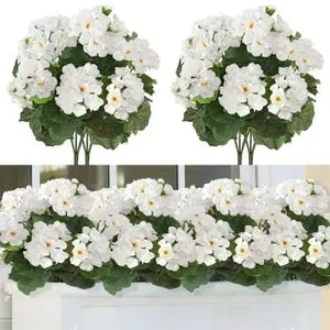 4 Geranios de Seda con Protección UV, Flores Artificiales y Plantas Verdes Realistas para Decoración, Blanco, 35 cm