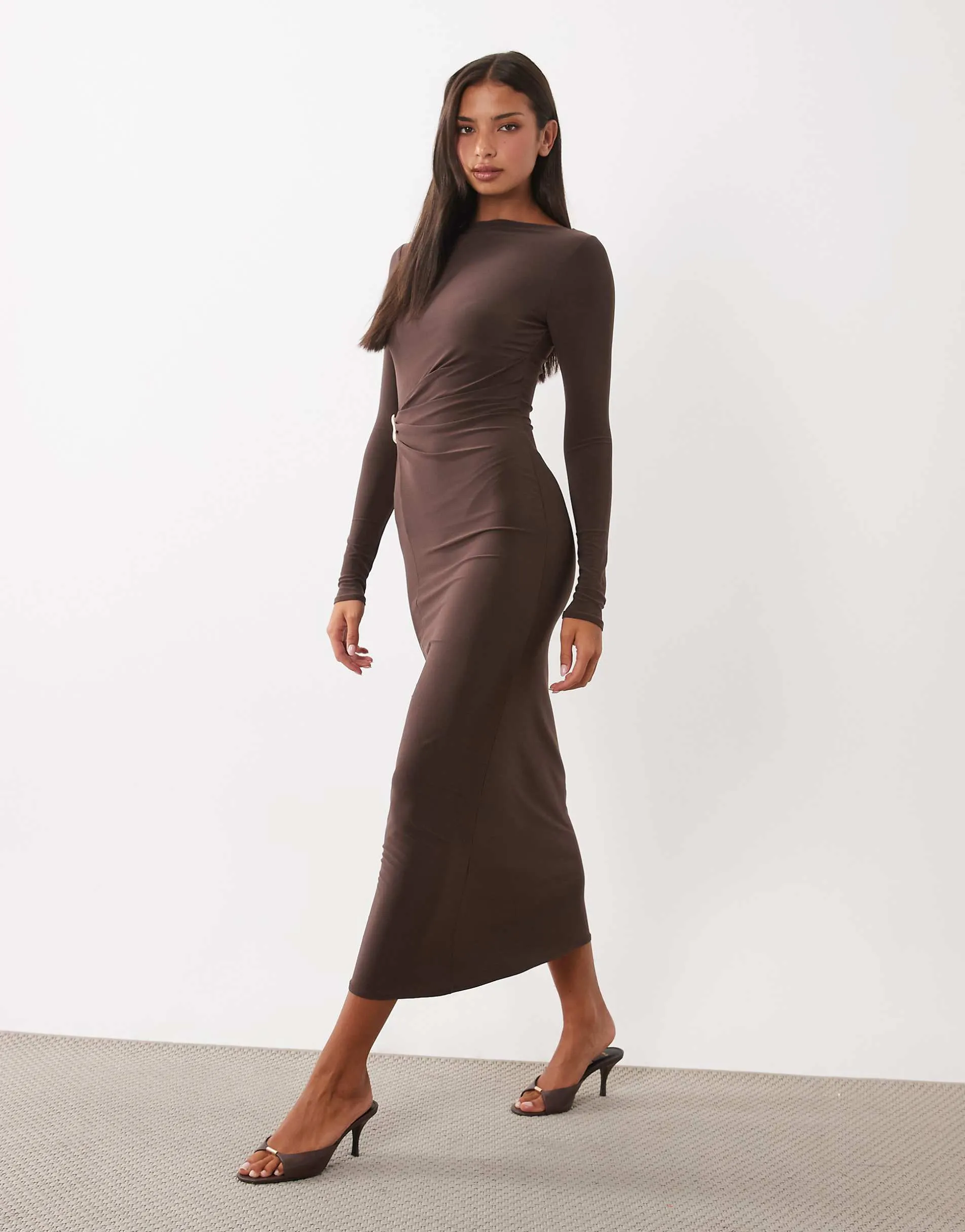 ASOS DESIGN long sleeve twist hardware detail midi dress in choclate