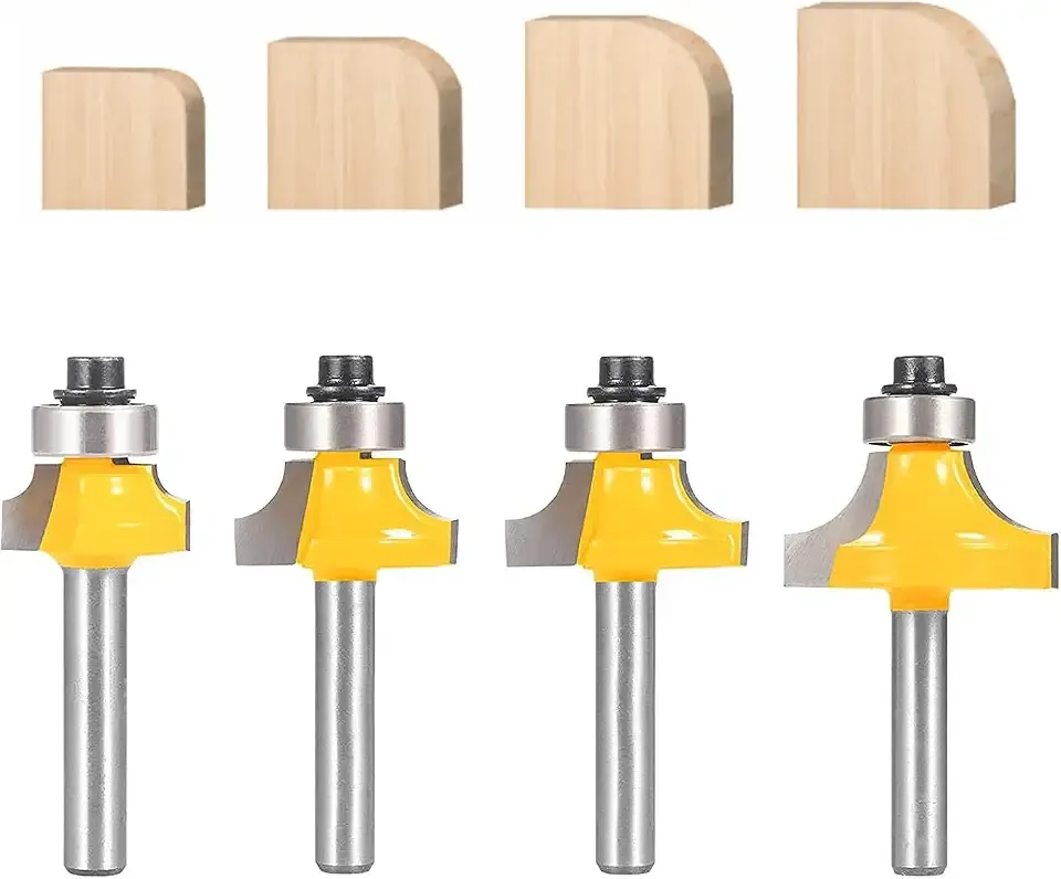 TOTOWOOD Roundover Router Bit Set，4pcs Router bit Set，1/4 inch Shank，Radius in 1/8", 1/4", 3/16", 5/16"，Bearing Guide for Rounding Edge bit (4pcs Roundover Router Bit)