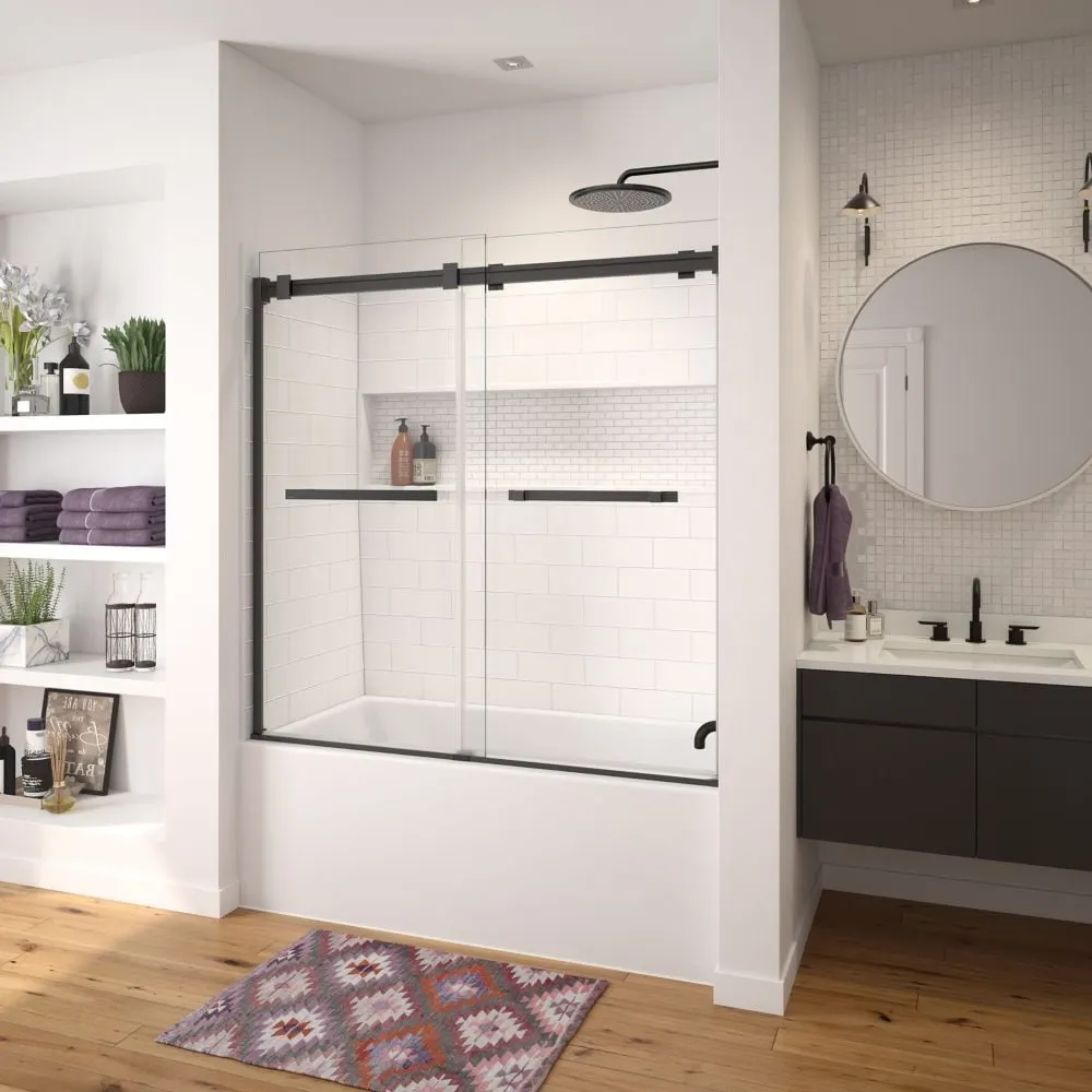 MAAX NexTile 60L x 30W x 81.25H in. 3-in-1 Tub Shower Kit - Shower Stall Enclosure with Right Drain Bathtub, Wall, and Glass Bathtub Door in Black