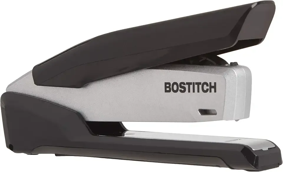Bostitch Office Executive Metal Desktop Stapler, 3 in 1 Spring Powered Stapler, One Finger, Staple Storage Compartment & Staple Remover, Includes 210 Staples, 28 Sheet Capacity, Black/Gray
