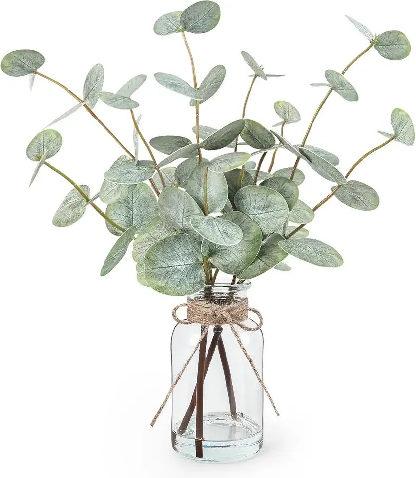 Artificial Eucalyptus Stems in Glass Vase with Faux Water, 13.5” Fake Plants for Home Decor, Coffee Table Centerpieces, Office, Bathroom & Farmhouse Weddings - Faux Greenery Plants Decorations