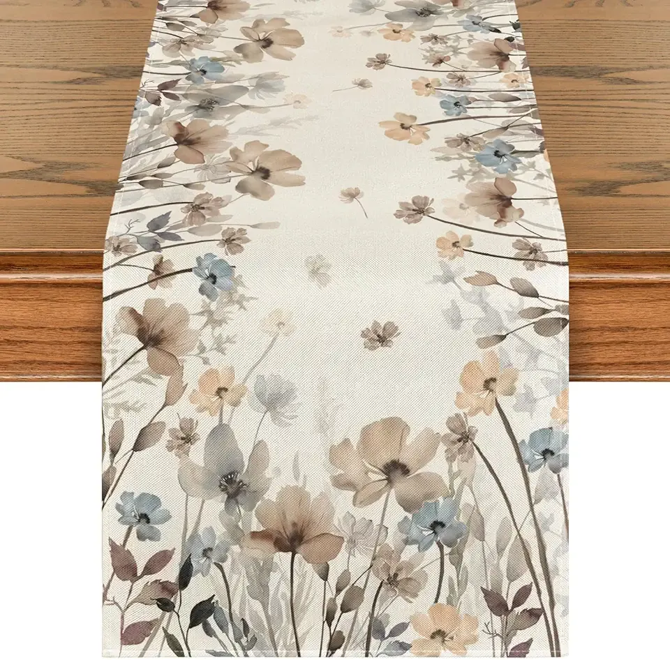 Artoid Mode Brown Poppy Flowers Floral Blossom Summer Table Runner, Fall Kitchen Dining Table Decoration for Home Party Decor 13x72 Inch