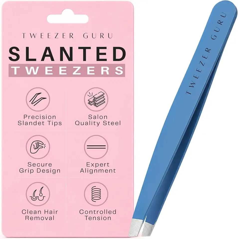 Tweezer Guru Tweezers for Women - Slant Pointed Precision Tweezers for Eyebrows & Ingrown Hair Removal - Blackhead and Splinter Tweezer with Sharp Needle Nose Point for Plucking (Bold Blue)