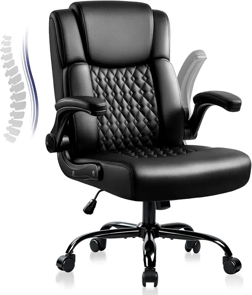 OFIKA Leather Office Desk Chair,Ergonomic Office Chair with Lumbar Support,Computer Chair,Executive Leather Chair with Padded Flip-up Arm,Adjustable Armrests, Black,275LBS