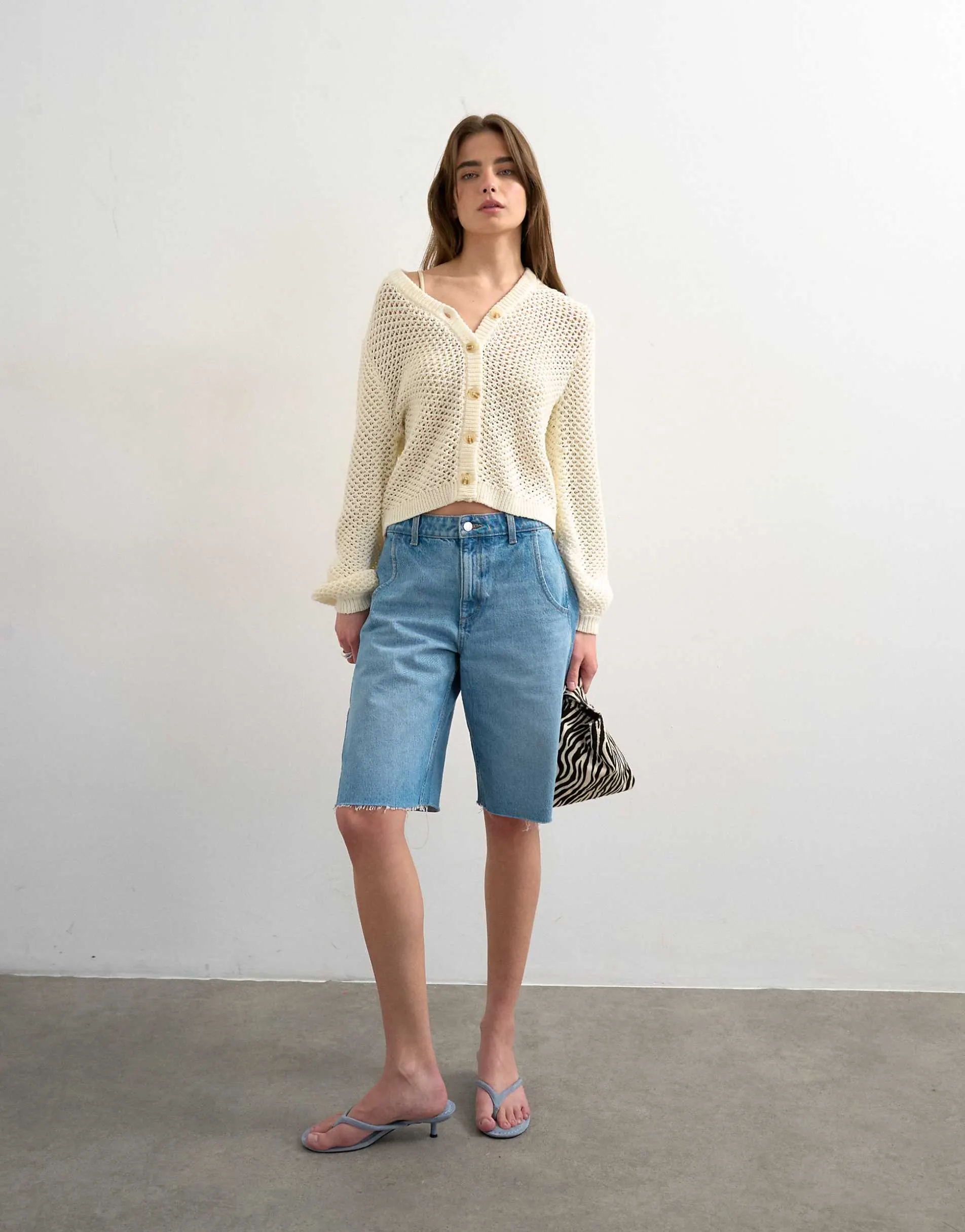 Topshop knitted open stitch cardigan in ivory