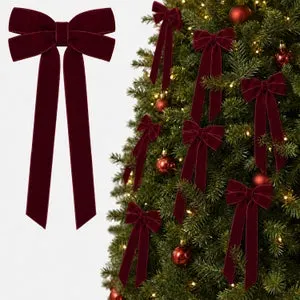 24 adornos navideños de terciopelo con lazo (color burdeos)