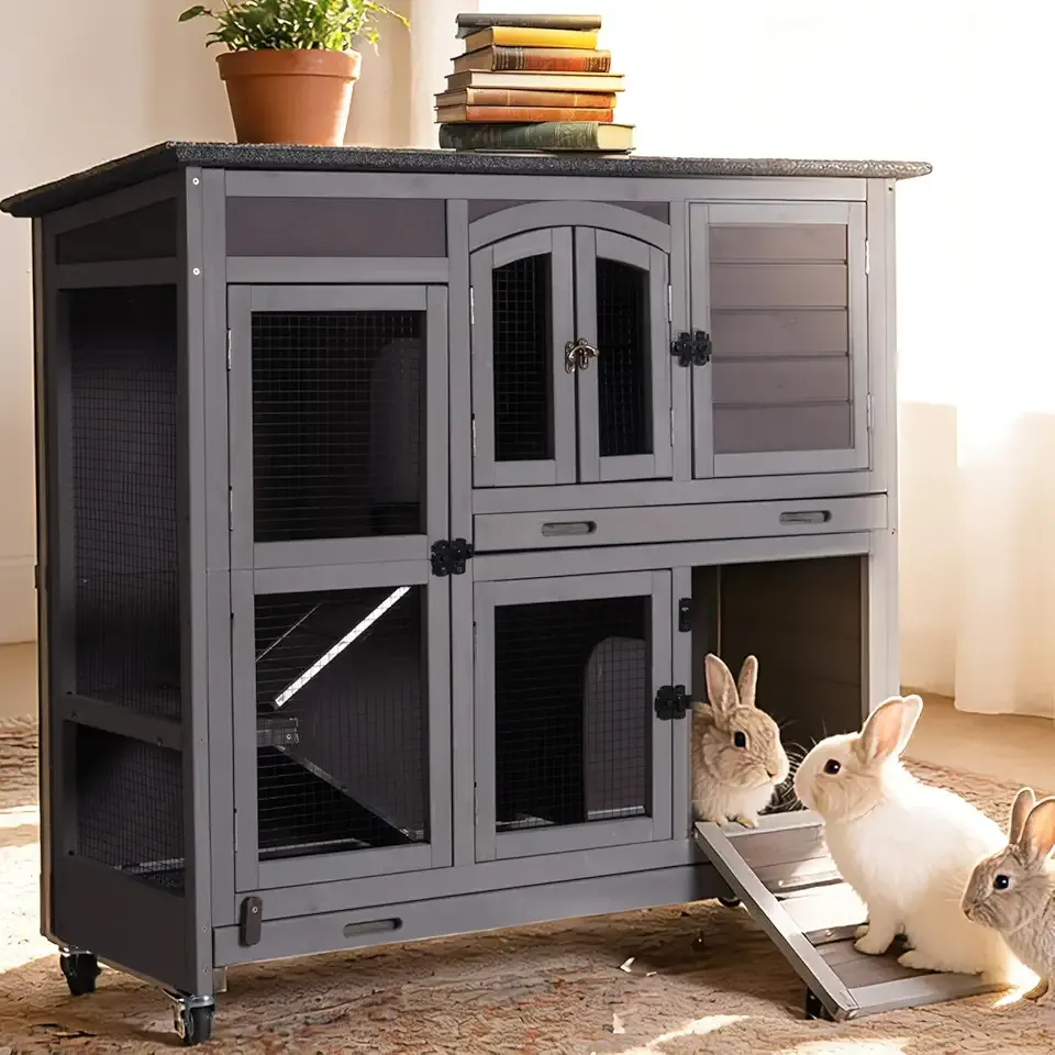 GUTINNEEN Rabbit Hutch Mobile Bunny Cage with Large Wheels, Chewproof Ramp, Leak Proof Trays – Ideal Cage for Rabbits, Guinea Pigs, Indoor/Outdoor Use, 44" L x 20" W x 41.5" H