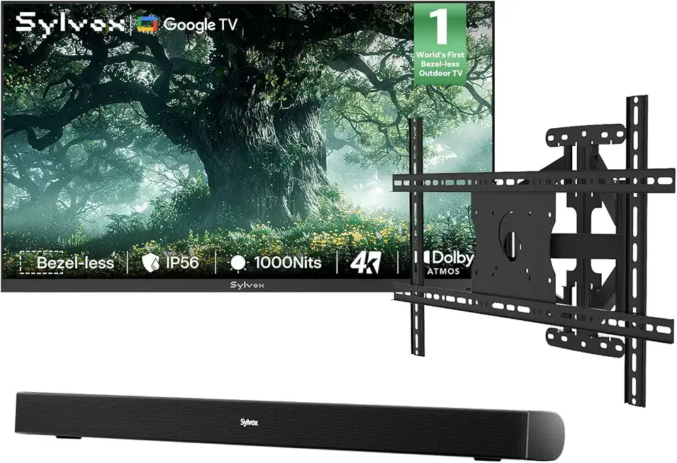 SYLVOX 75 inch Outdoor TV with Wall Mount & Soundbar, Ultra-Narrow Bezel, 4K Smart TV, 1000 nits, IP56 Waterproof, Dual Speakers, All-Weather Metal Chassis for Patio, Deck, Backyard (Frameless Series)