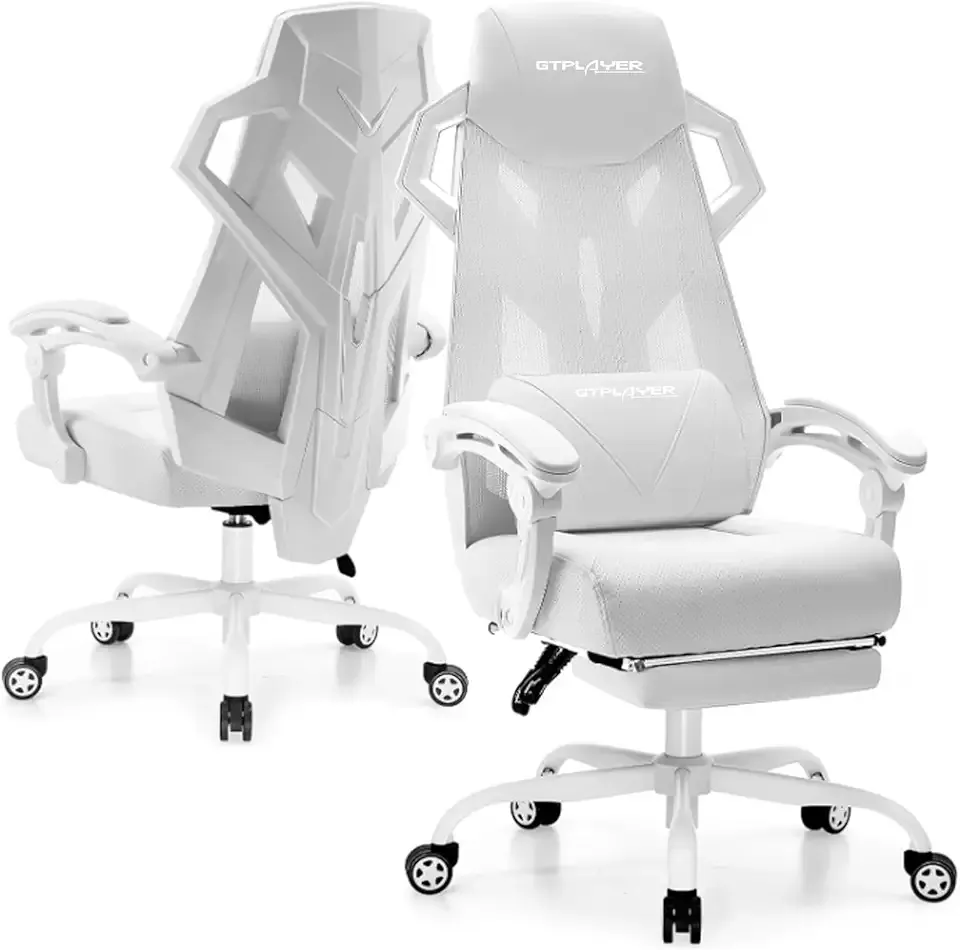 GTPLAYER Gaming Chair, Computer Chair with Mesh Back, Ergonomic Game Chair with Footrest, Reclining Game Chair with Adjustable Headrest and Lumbar Support for Gaming and Office (White)