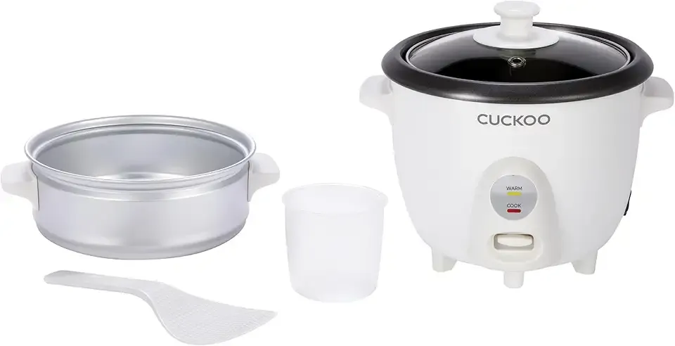 CUCKOO One Touch Rice Cooker 3-Cup (Uncooked) / 6-Cup (Cooked), Mini Rice Cooker & Warmer with Steamer Tray, Versatile Grain Cooker, Soup Maker, Auto Keep Warm, White (CR-0301C)