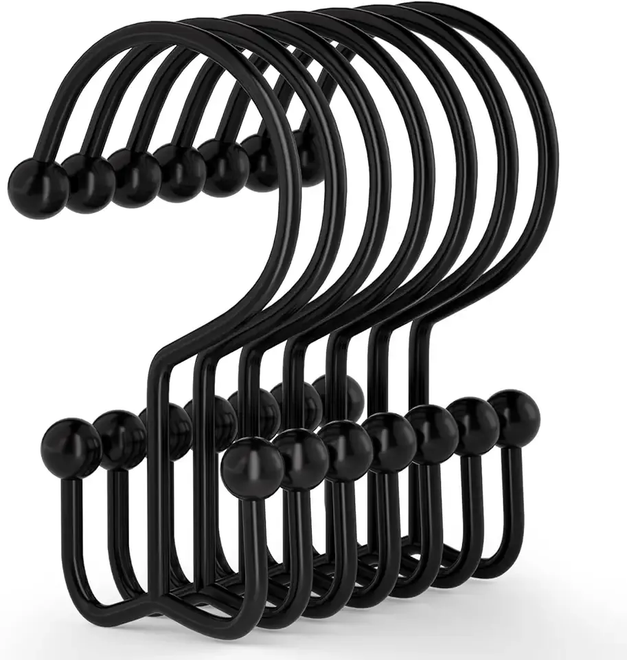 Goowin Shower Curtain Hooks, 12 Pcs Shower Curtain Rings, Durable Rust Proof Black Shower Curtain Hooks, Shower Rings for Curtain, Double Glide Shower Hooks for Shower Curtain Rods, Black