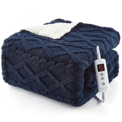 84 x 90 in Navy Blue Sherpa Heated Blanket with NTC PTC Heating Wires and Dual Control