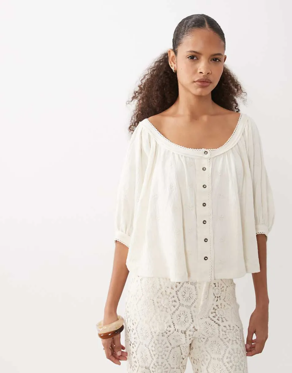 ASOS DESIGN button through blouson sleeve broderie top in cream